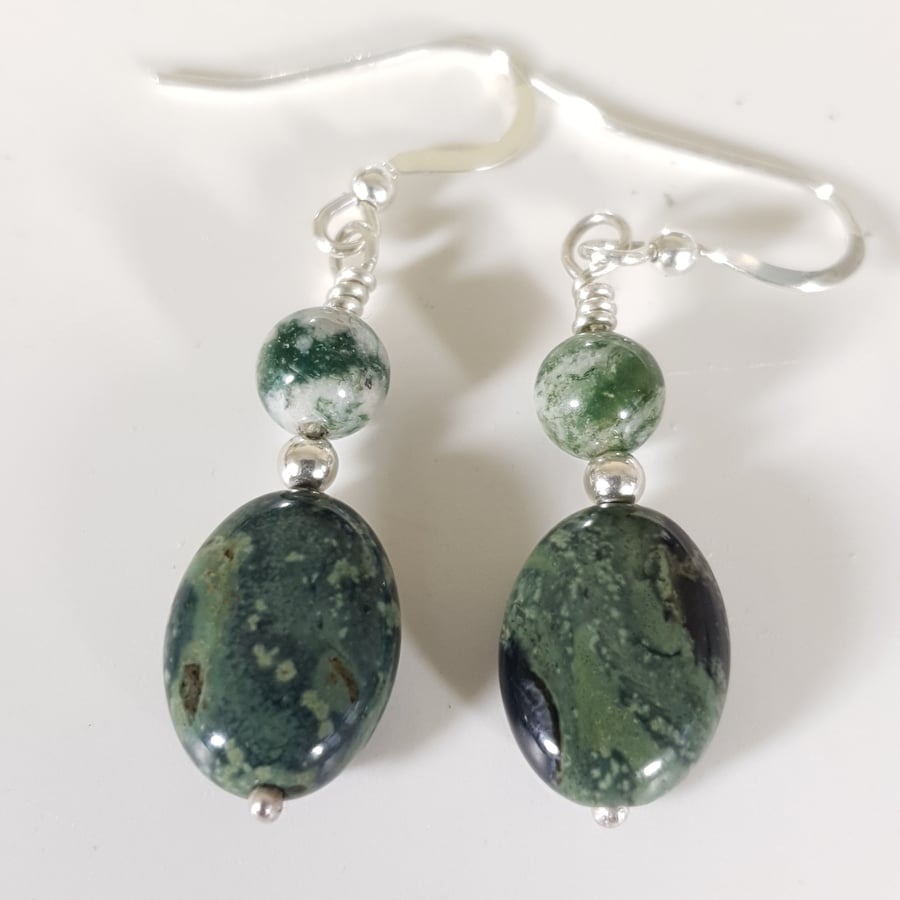 Sterling Silver Drop Earrings Kambaba Jasper & Moss Agate Gemstones Free UK PP