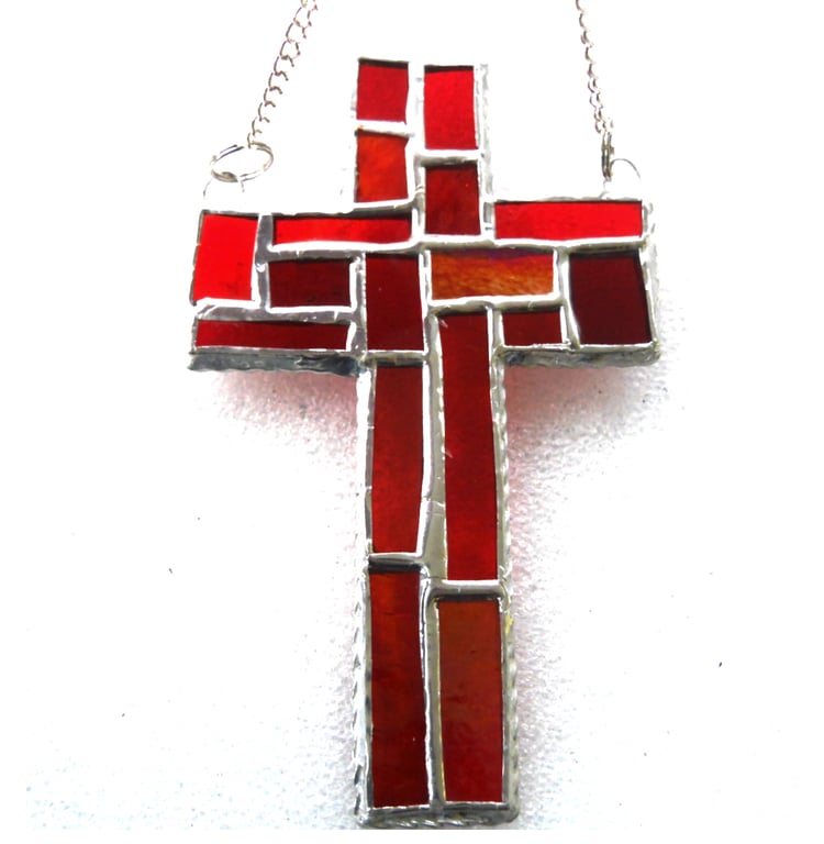 Cross Suncatcher Stained Glass Patchwork Red Handmade 056