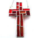 Cross Suncatcher Stained Glass Patchwork Red Handmade 056