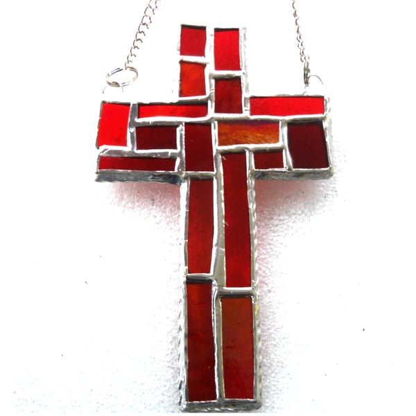 Cross Suncatcher Stained Glass Patchwork Red Handmade 056