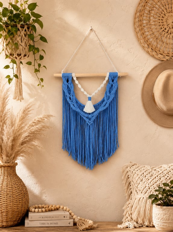 Ocean Blue Macrame Wall Hanging, Coastal Boho Fiber Art, Tassel Fringe Tapestry