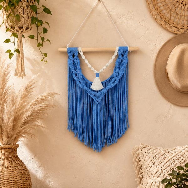 Ocean Blue Macrame Wall Hanging, Coastal Boho Fiber Art, Tassel Fringe Tapestry