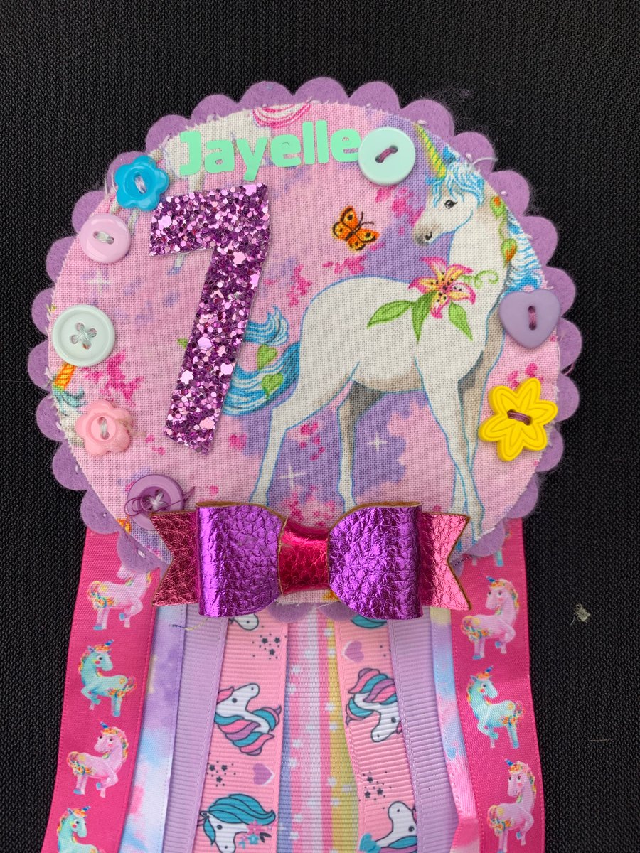 Unicorn Birthday badge-Rosette - Any age - Pinks