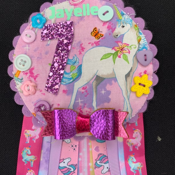 Unicorn Birthday badge-Rosette - Any age - Pinks