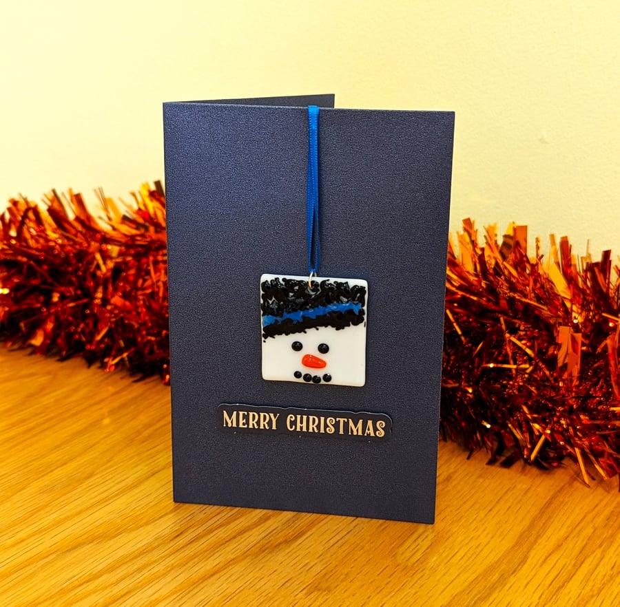 Fused Glass Snowman Face, Merry Christmas Card Hanger Decoration