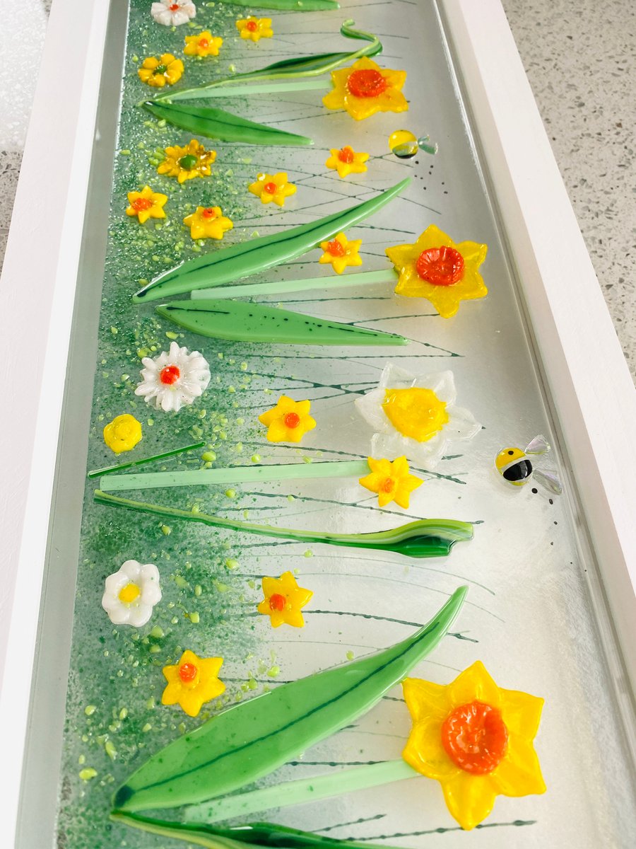 Daffodils panoramic fused glass art picture