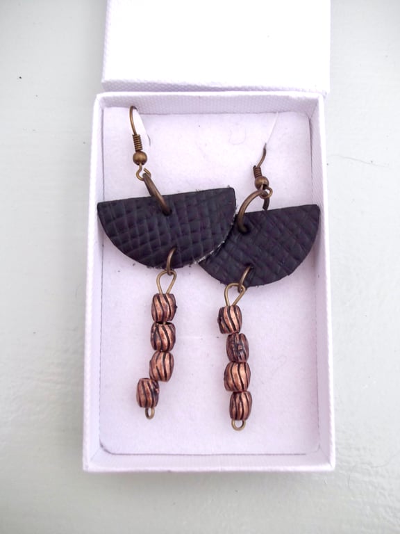Black Crosshatch Leather Boho Dangle Drop Earrings