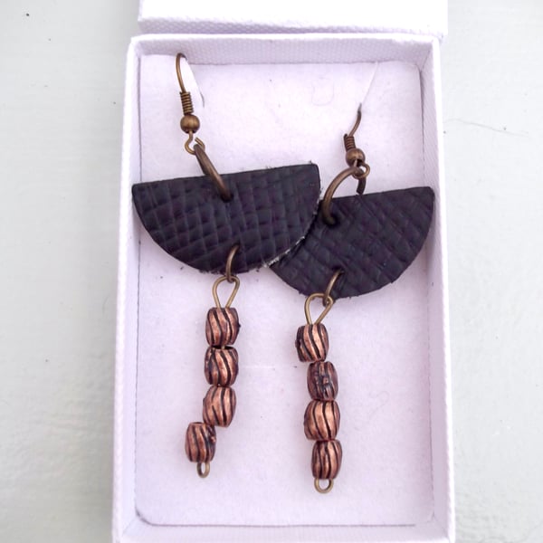 Black Crosshatch Leather Boho Dangle Drop Earrings