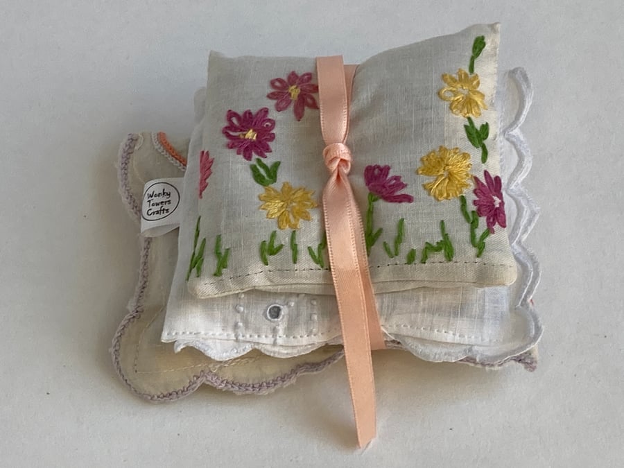 Lavender bags made from vintage linens - set of three.