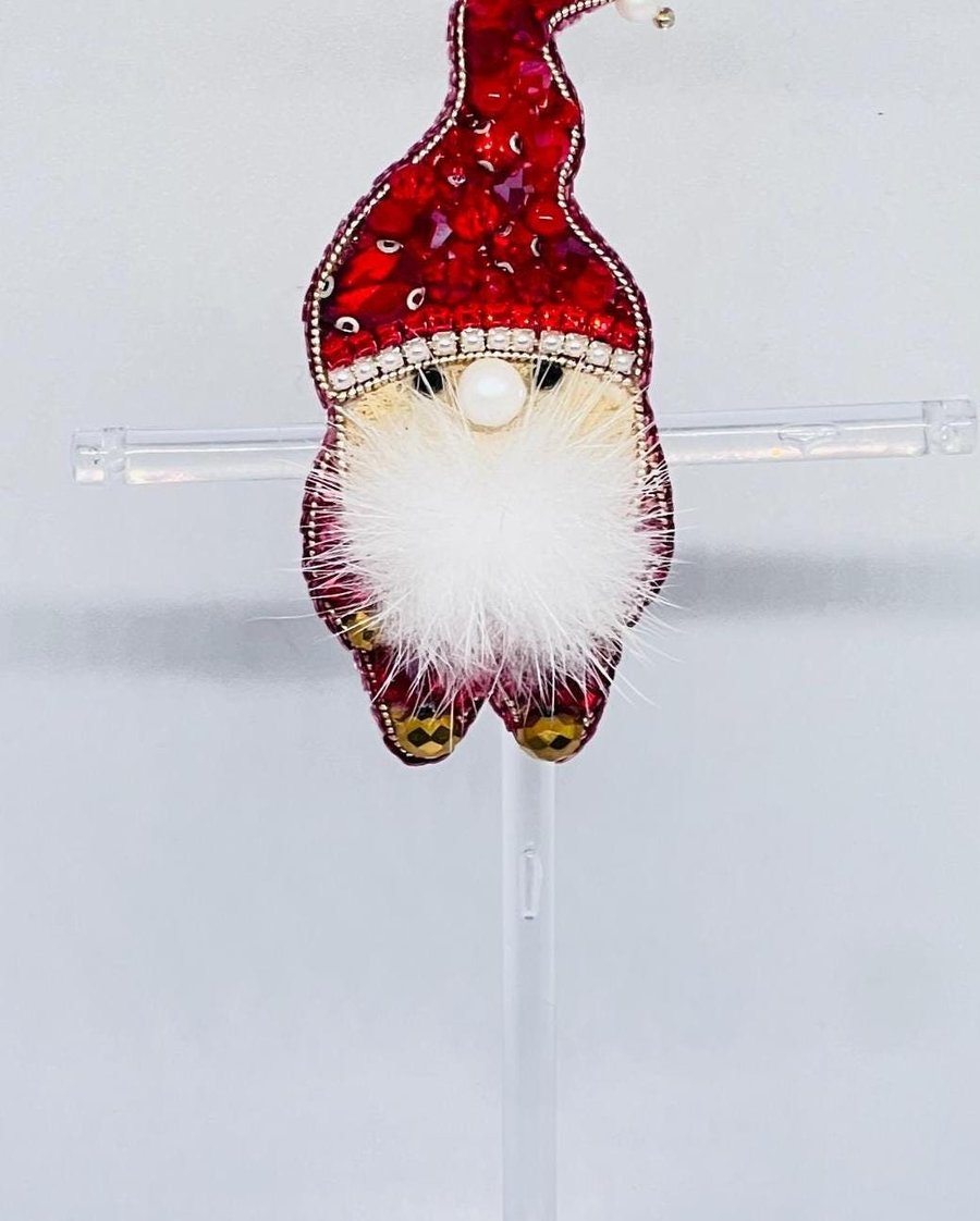 Handmade Christmas Gnome Brooch, Beaded Red Santa Pin, Festive Jewelry