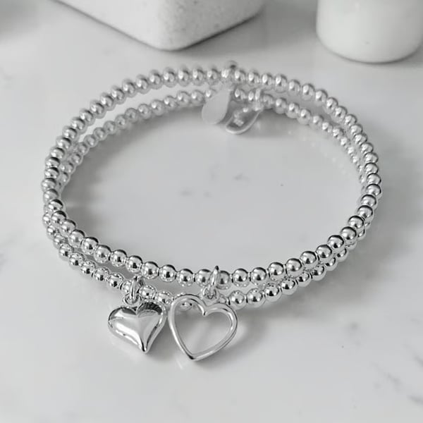 Sterling Silver Heart Charm Stretch Bracelet Set 925