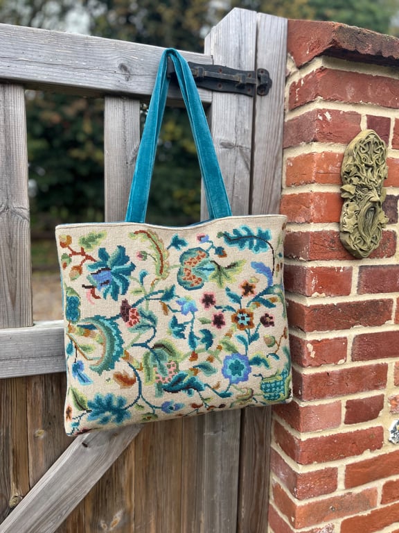 Vintage Jacobean tapestry and soft velvet oversize tote bag