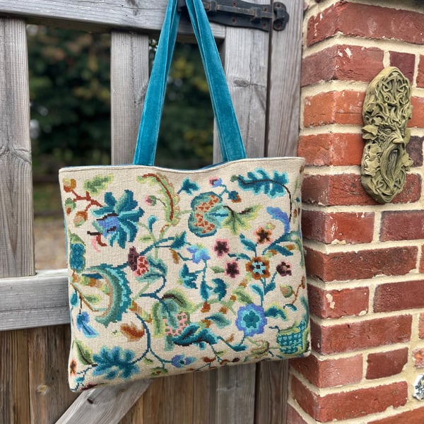 Vintage Jacobean tapestry and soft velvet oversize tote bag