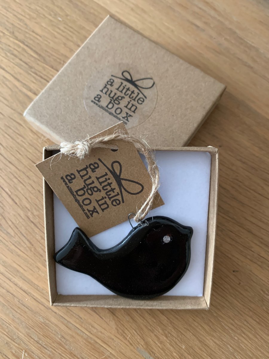  A Little Hug in a Box Hand Made Black Porcelain Bird  