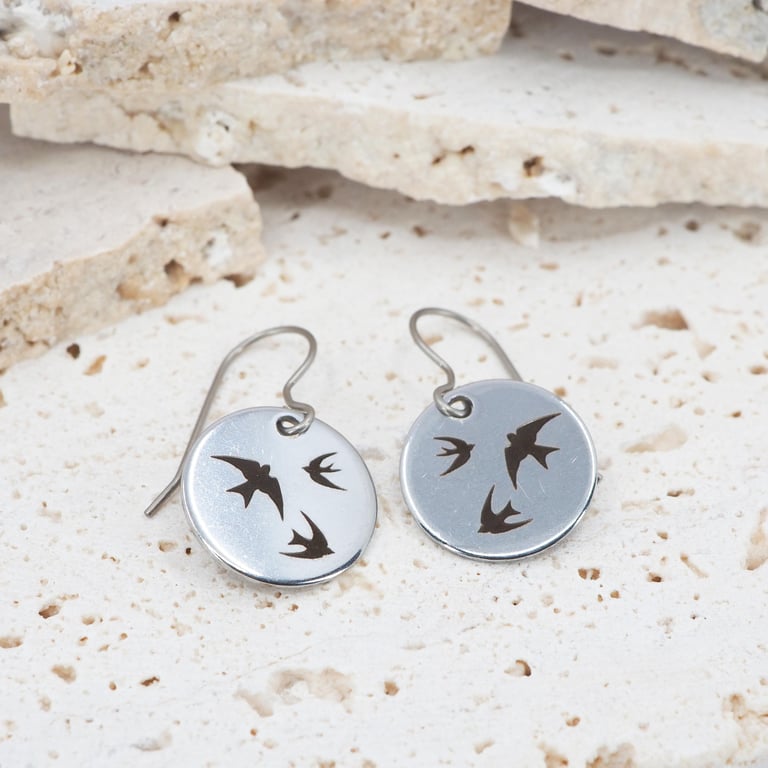 Swallows dangle earrings - Hypoallergenic titanium ear wires - Delicate dangles 