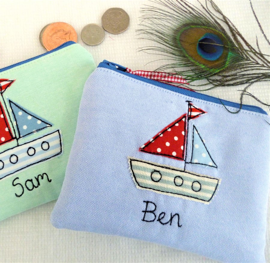 Personalised Boat Ship Wallet - Custom Coin Purse Pouch with Seaside Nautical