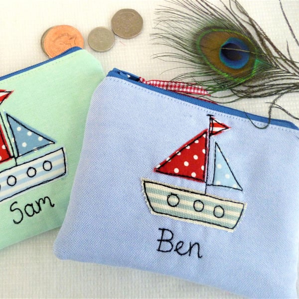 Personalised Boat Ship Wallet - Custom Coin Purse Pouch with Seaside Nautical