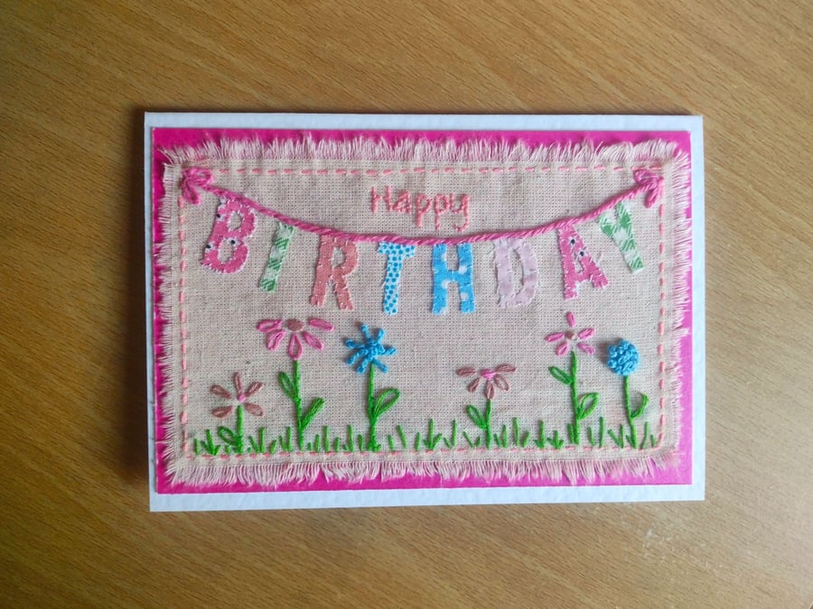 Birthday Bunting Flower Garden Card - Textile Card - Hand-Stitched - Von Eli 