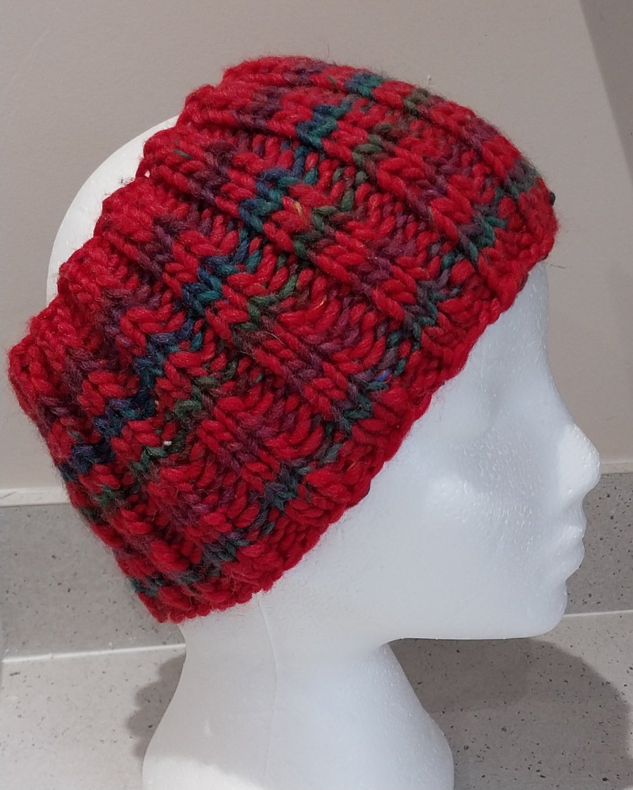 Hand Knitted stripey Merino Headband in Red M