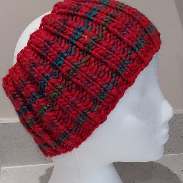 Hand Knitted stripey Merino Headband in Red M