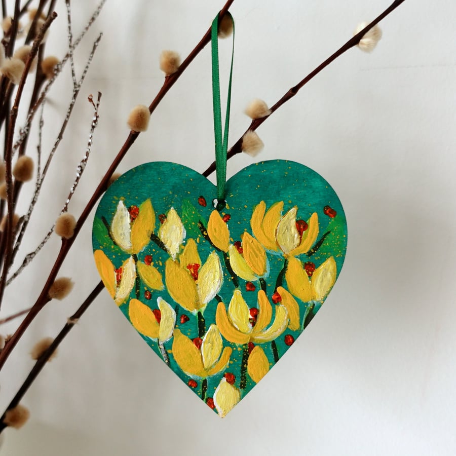 Green Hanging Heart Easter Decoration Yellow Crocus Painting Mini Floral Artwork