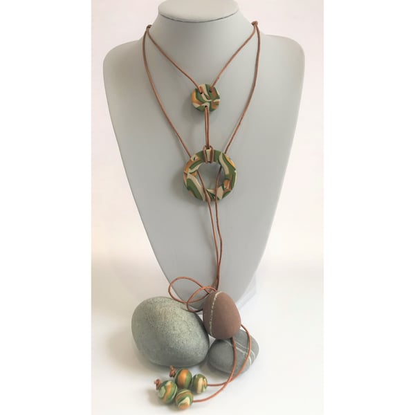 Gold, Green, Olive & Cream, Handmade Polymer Clay & Leather Lariat Necklace