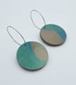 Round, wooden, hand printed hoop earrings in brown pink and blue-green - Image 2