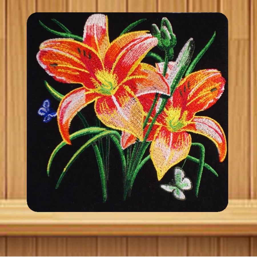 Handmade tiger lillies greetings card embroidered design