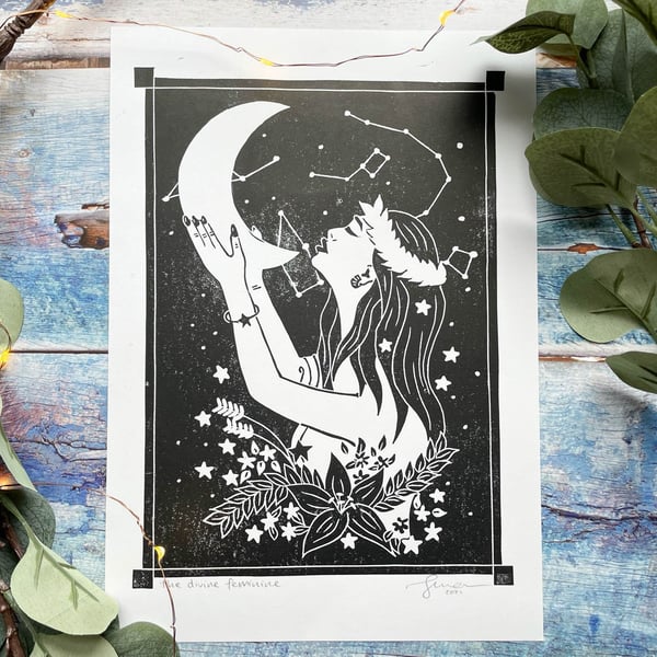 The divine feminine A4 lino print Witch Feminist Moon
