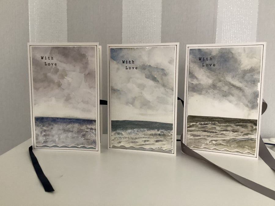 Pack of 3, Seascape, Ribbon Tie, Hand Crafted Cards