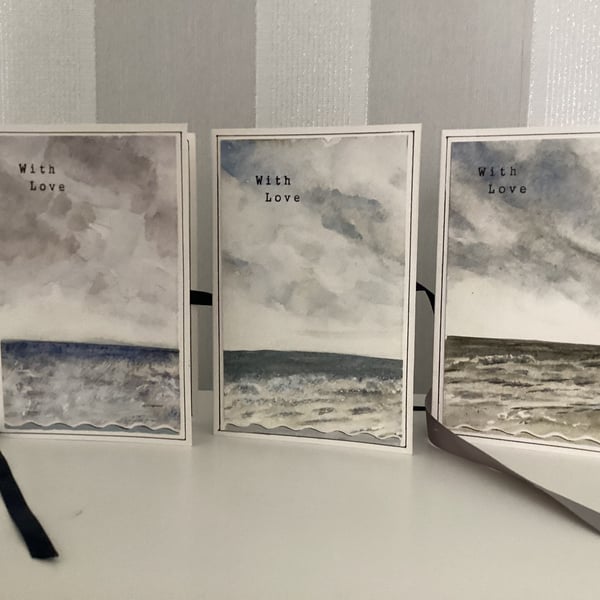 Pack of 3, Seascape, Ribbon Tie, Hand Crafted Cards