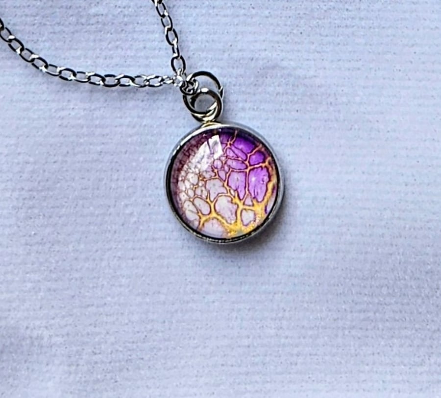 Purple and gold paint pour necklace pendant 
