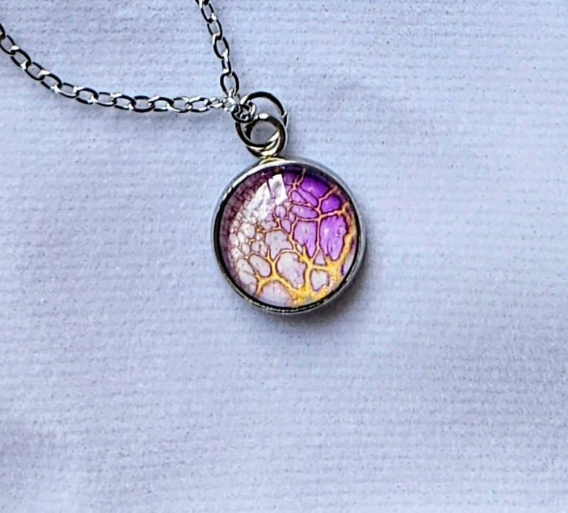 Purple and gold paint pour necklace pendant 