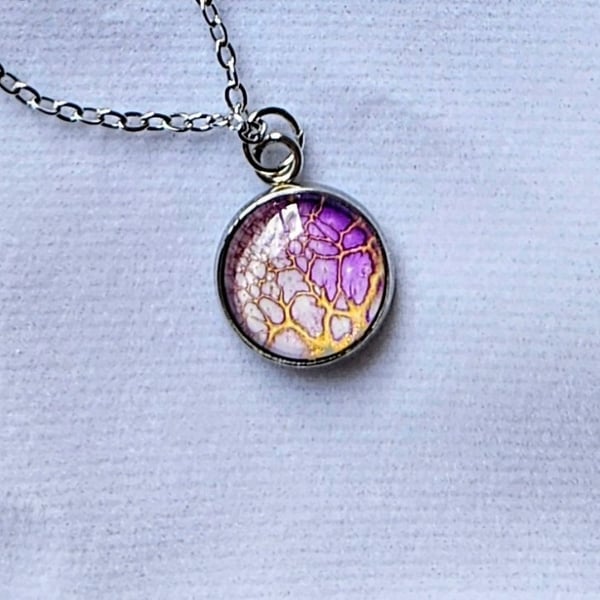 Purple and gold paint pour necklace pendant 