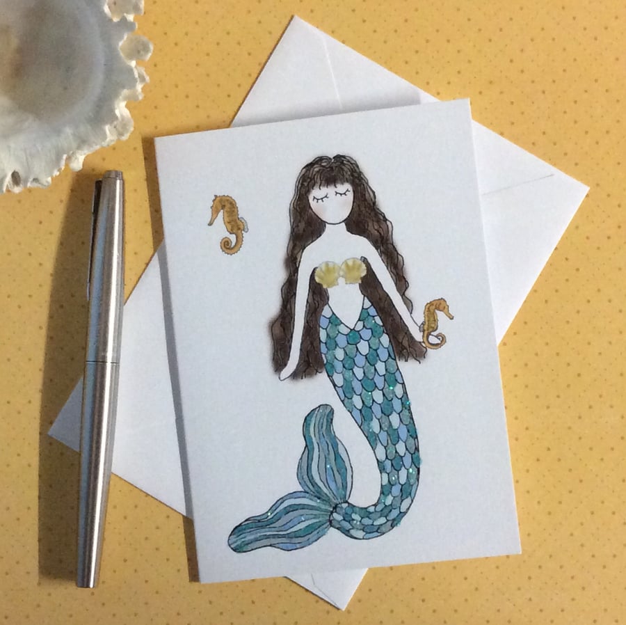 Coral Mermaid blank Card. 