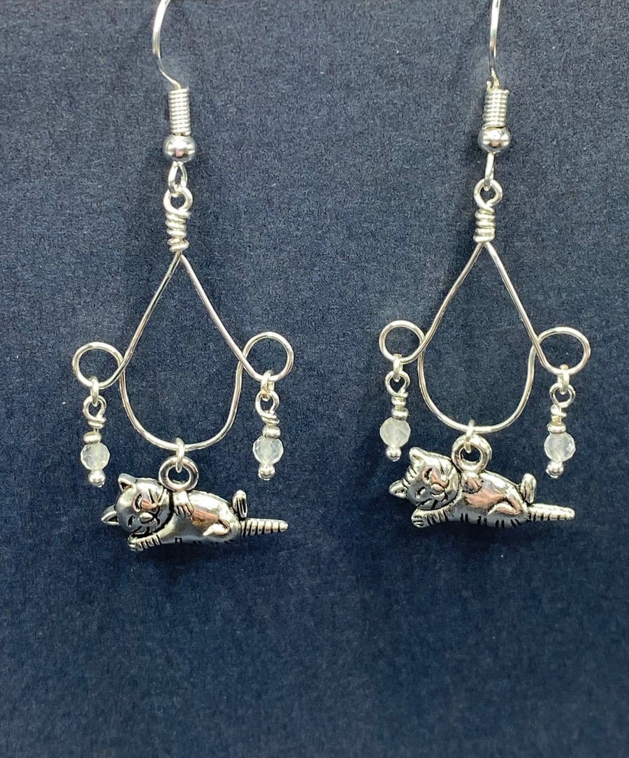 Cat charm chandelier earrings with clear quartz stones 