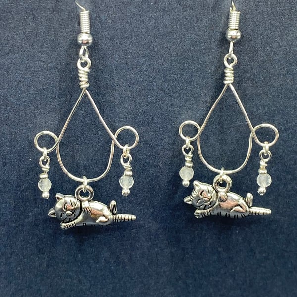 Cat charm chandelier earrings with clear quartz stones 