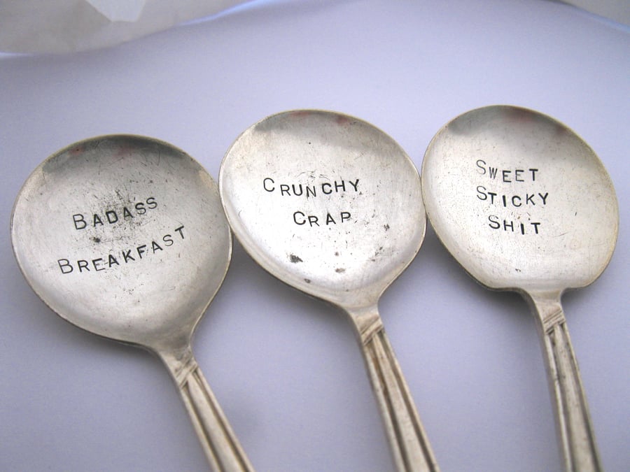 Three Rude Cereal Spoons, Handstamped Dessertspoon Set, seconds sale