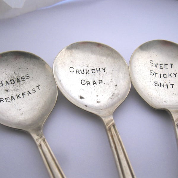 Three Rude Cereal Spoons, Handstamped Dessertspoon Set, seconds sale