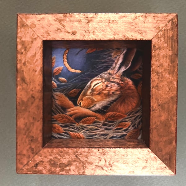 Midnight Hare Giclee print in a hand gilded Copper frame.