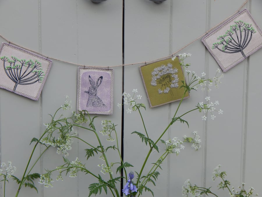 Hare and wild flowers wall hanging 75cm- Screen printed Bunting
