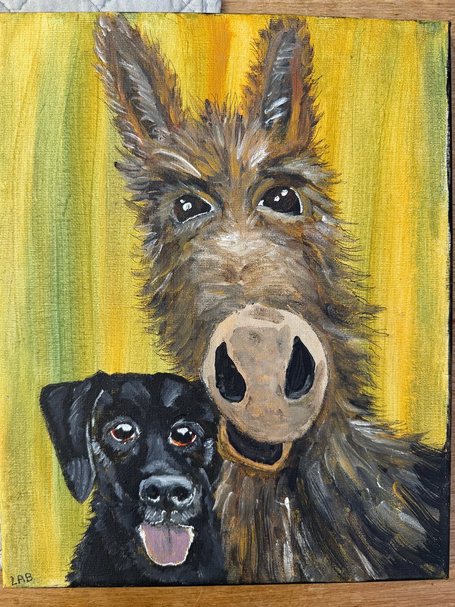 Acrylic Donkey and Black Labrador Painting. 9” By 12” on block canvas 
