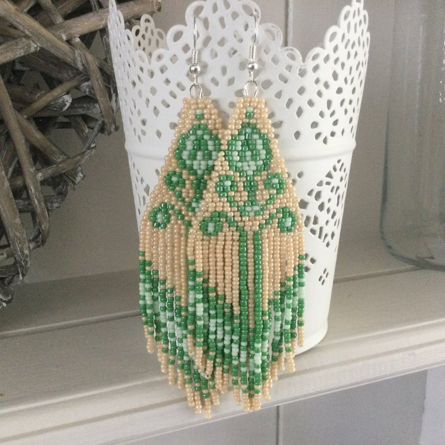 Beaded earrings ,Folk Art inspired handwoven beaded fringe earrings