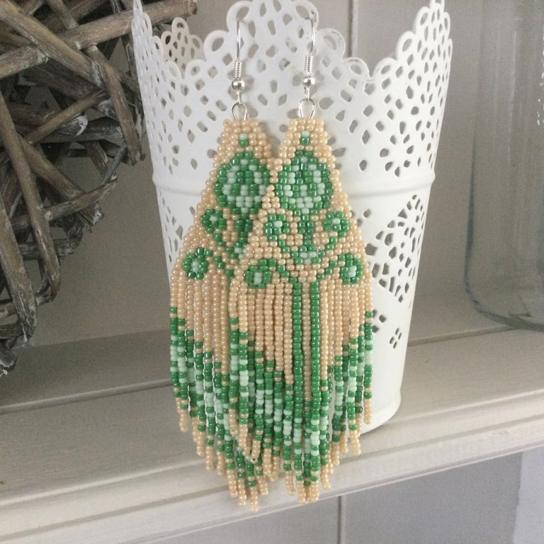 Beaded earrings ,Folk Art inspired handwoven beaded fringe earrings