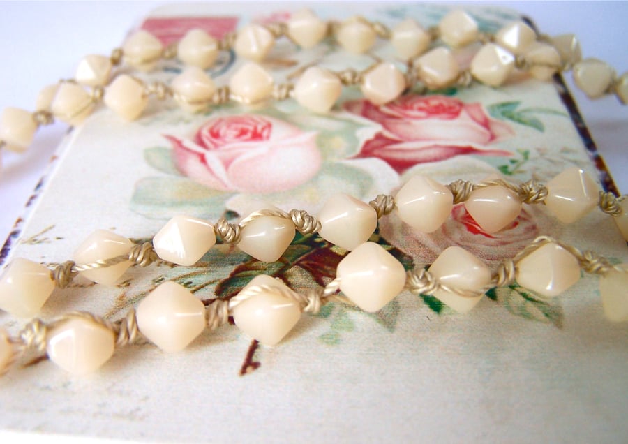 Cream Bead Necklace, Long Knotted Necklace, Vintage Style, Boho Jewellery