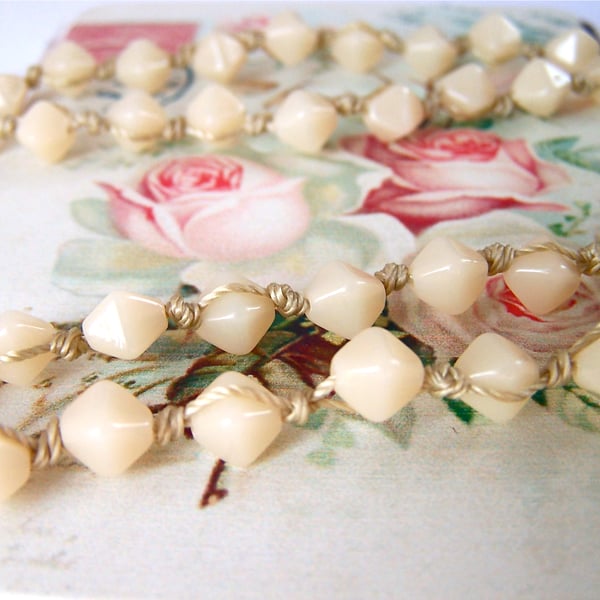 Cream Bead Necklace, Long Knotted Necklace, Vintage Style, Boho Jewellery
