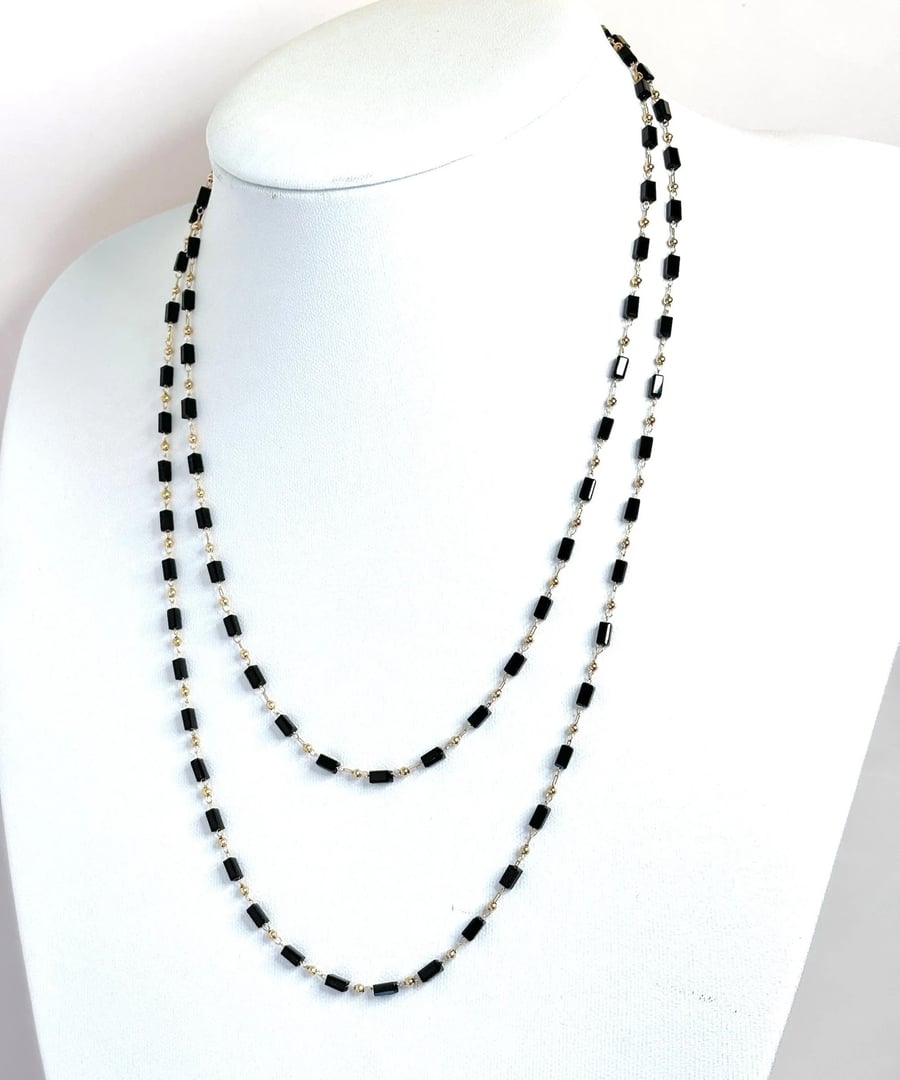 Extra Long Black Beaded Chain Necklace, Gold, 78 or 40 inch