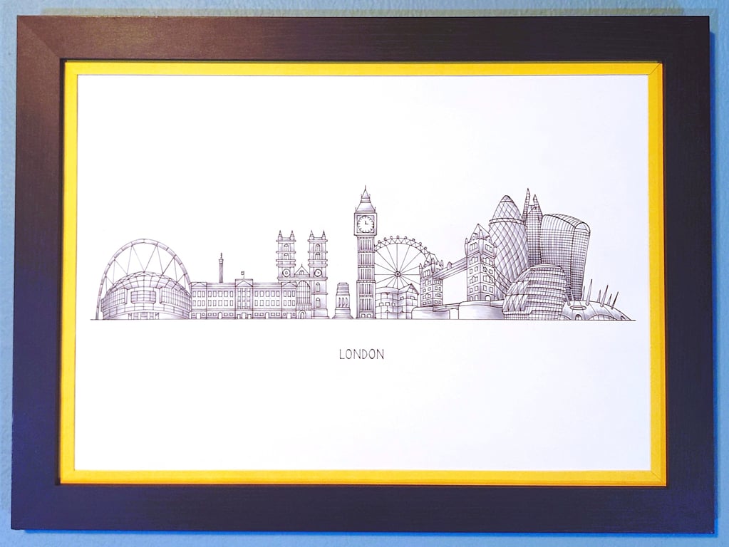London Cityscape Handmade Unique Framed A3 Print Yellow Border Wallart Gift