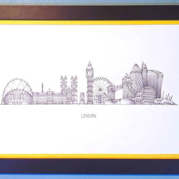 London Cityscape Handmade Unique Framed A3 Print Yellow Border Wallart Gift