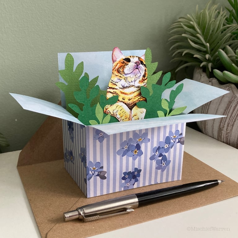 Ginger Cat Card; Personalised, Birthday or Blank. Cat in a box gift card